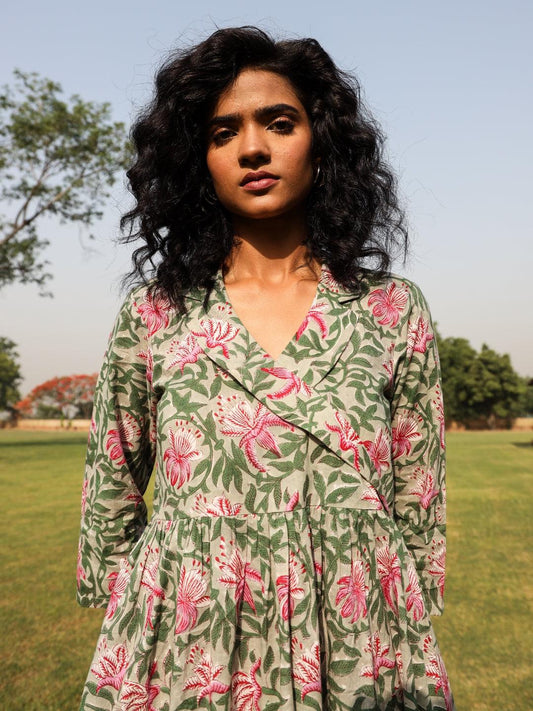 trueBrowns Sage Cotton Block Print Lapel Collared Dress | Swadesiicart