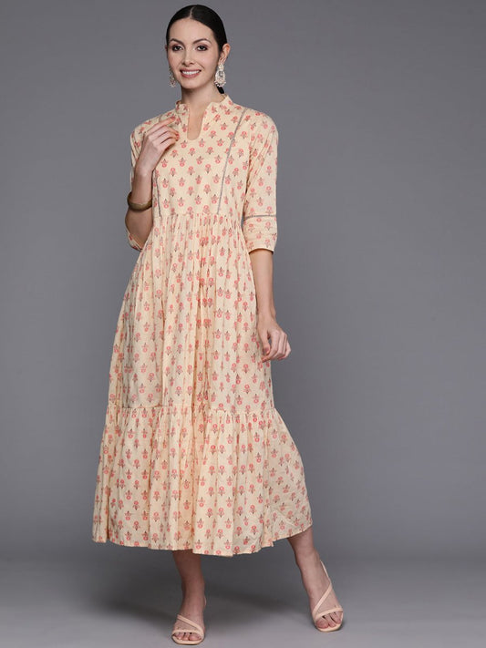 Ahalyaa Floral Print Mandarin Collar Tiered Midi Pure Cotton Ethnic Dress | Swadesiicart