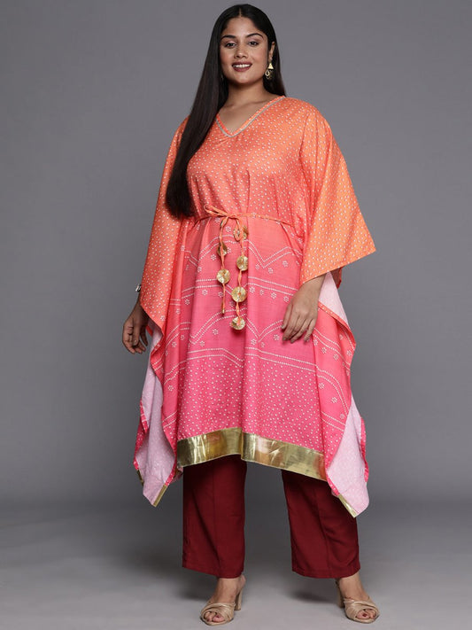 Ahalyaa Plus Size Bandhani Printed Flared Sleeves Gotta Patti Kaftan Kurta | Swadesiicart