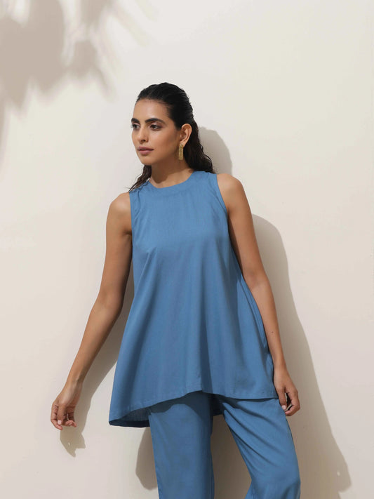 trueBrowns Blue Viscose Solid Co-ord Set - Swadesiicart