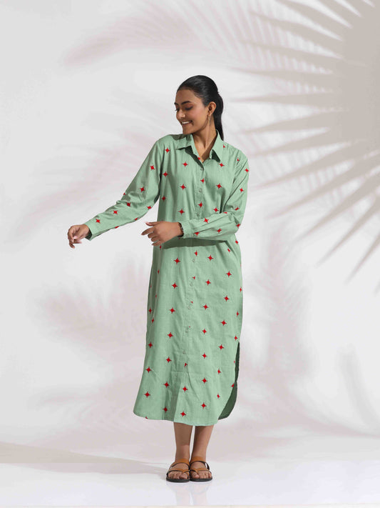 trueBrowns Green Cotton Embroidered Shirt Dress | Swadesiicart