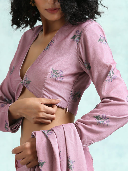 trueBrowns Light Mauve Printed Velvet Blouse | Swadesiicart