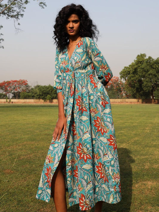 trueBrowns Teal Cotton Block Print Wrap Dress | Swadesiicart