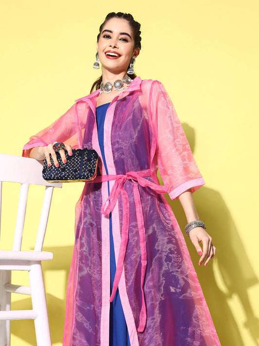 InWeave Women's Ink Blue Strappy Kurta Set With Pink Organza Cape - Swadesiicart