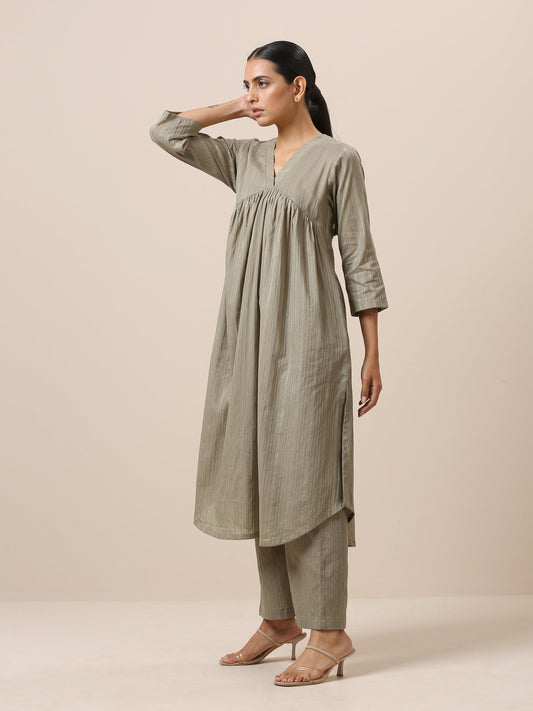 trueBrowns Cotton Olive Green Flared Slit Kurta Pant Set | Swadesiicart