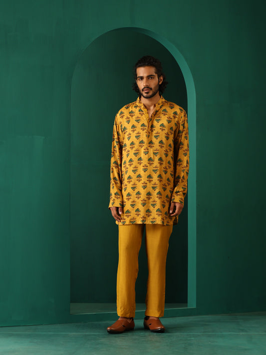 trueBrowns Men's Mustard Flower Stem Muslin Silk Printed Co-ord Set - Swadesiicart
