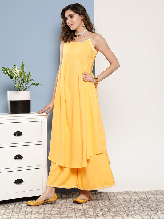 InWeave Women's Cassatta Yellow Cr Strappy Set With Mustard Brown Cape - Swadesiicart