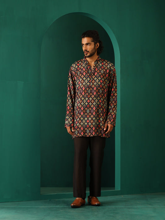 trueBrowns Men's Black Ikat Muslin Silk Printed Co-ord Set - Swadesiicart