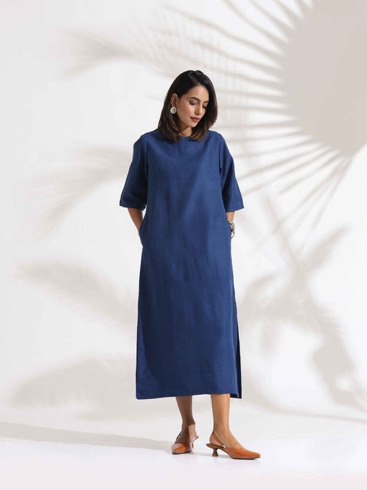 trueBrowns Blue Slub Dress | Swadesiicart