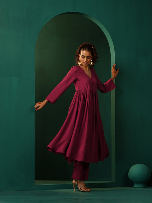 trueBrowns Maroon Silk Angrakha Kurta Pant Set | Swadesiicart