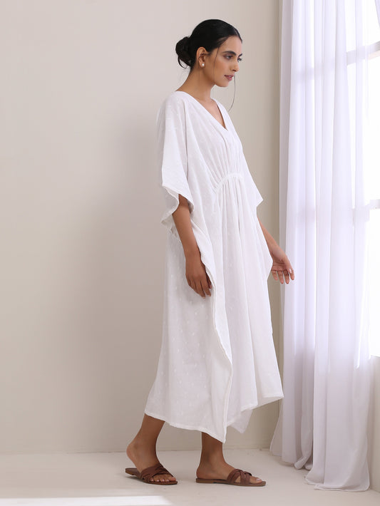 trueBrowns White Dobby Kaftan Dress | Swadesiicart
