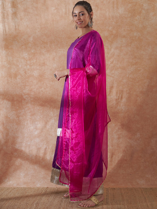 InWeave Women's Purple Gota Work Anarkali Kurta Set W Dupatta - Swadesiicart