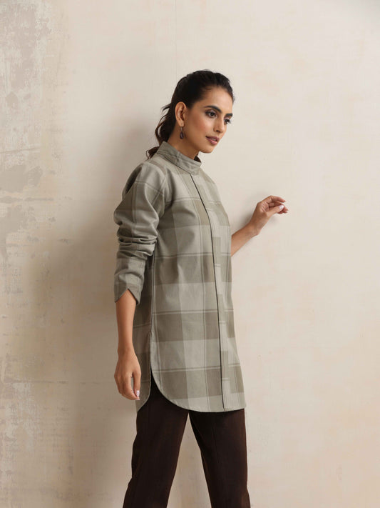 trueBrowns Green Check High Neck Winter Top | Swadesiicart