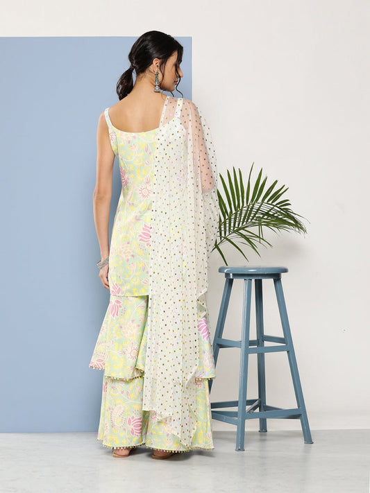 Ahalyaa Women Sea Green Floral Printed Gotta Patti Kurti with Sharara & With Dupatta | Swadesiicart