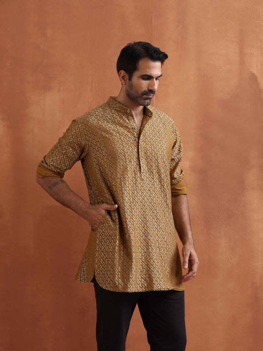trueBrowns Men's Mustard Cotton Dobby Short Kurta | Swadesiicart