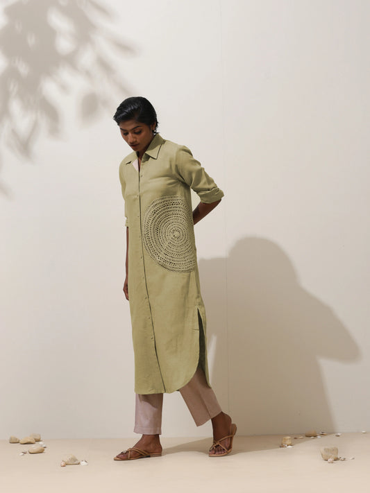 trueBrowns Fern Green Crochet Natural Cotton Kurta Pant Set | Swadesiicart
