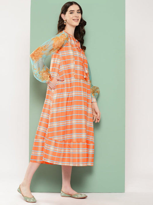 Ahalyaa Checked Tie-Up Neck Sequined Ethnic A-Line Midi Dress | Swadesiicart