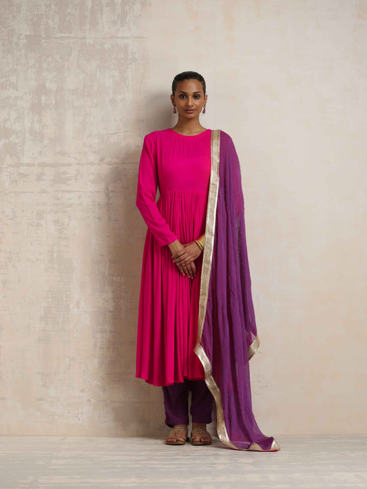 trueBrowns Pink Crinkle Anarkali Kurta Pant Dupatta Set | Swadesiicart