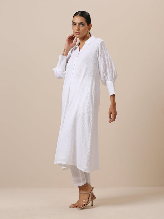 trueBrowns Cotton White Weave Collar Kurta Pant Set | Relove | Swadesiicart
