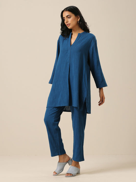 trueBrowns Classic Blue Slub Texture Relax Fit Co-Ord Set - Swadesiicart