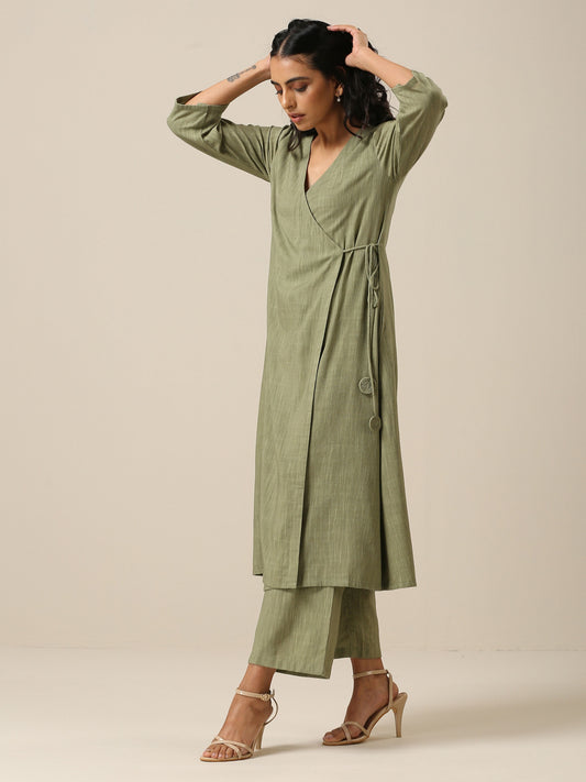trueBrowns Sage Slub Texture Angrakha Pant Set | Swadesiicart