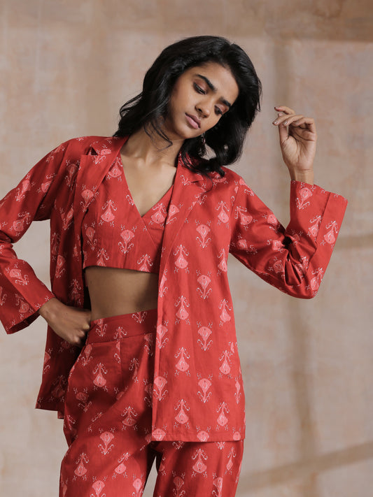 trueBrowns Red On Red Ikat Print Cotton Pant Suit Set | Swadesiicart