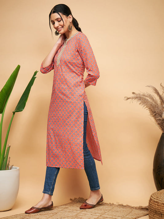InWeave Women's Coral Blue Boota Print Gota Straight Kurta - Swadesiicart