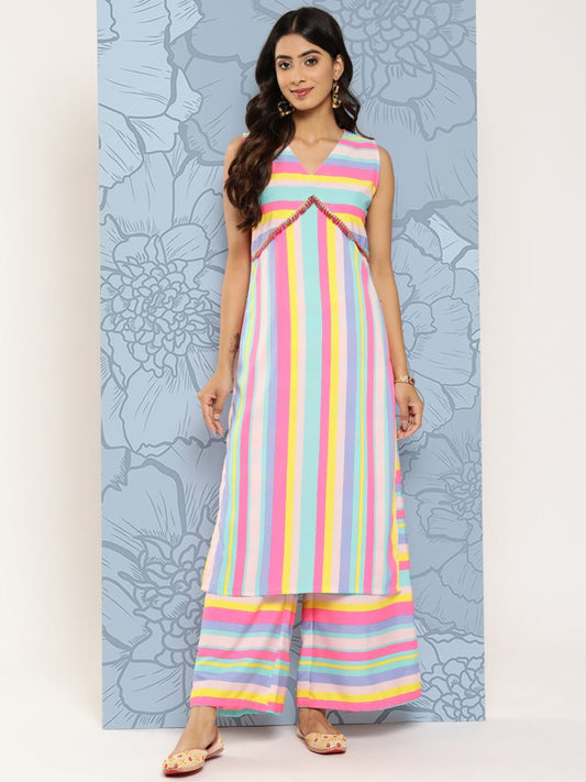 Ahalyaa Striped Empire Gotta Patti Kurta With Palazzos | Swadesiicart