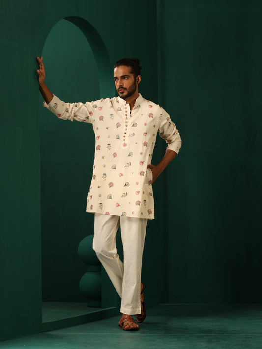 trueBrowns Men's Ivory Multi color Floral Cotton Co-ord Set - Swadesiicart