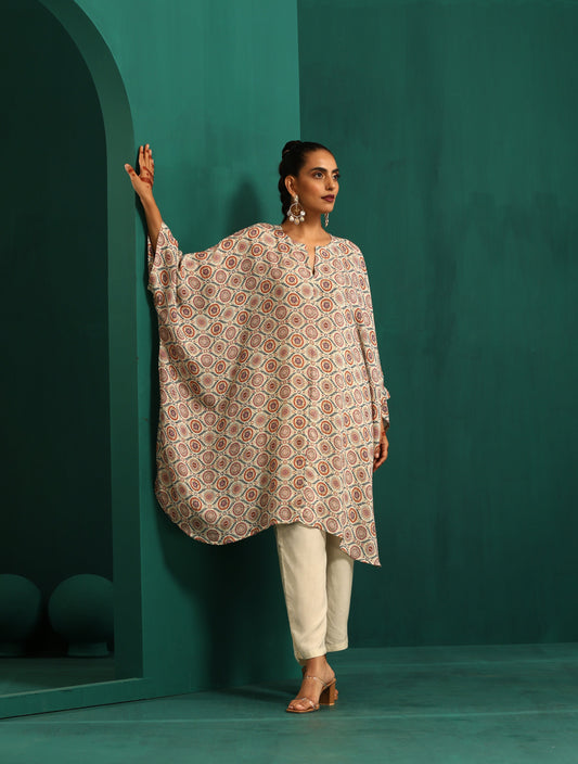 trueBrowns Off White Circle Floral Muslin Silk Printed Kaftan Pant Set | Swadesiicart