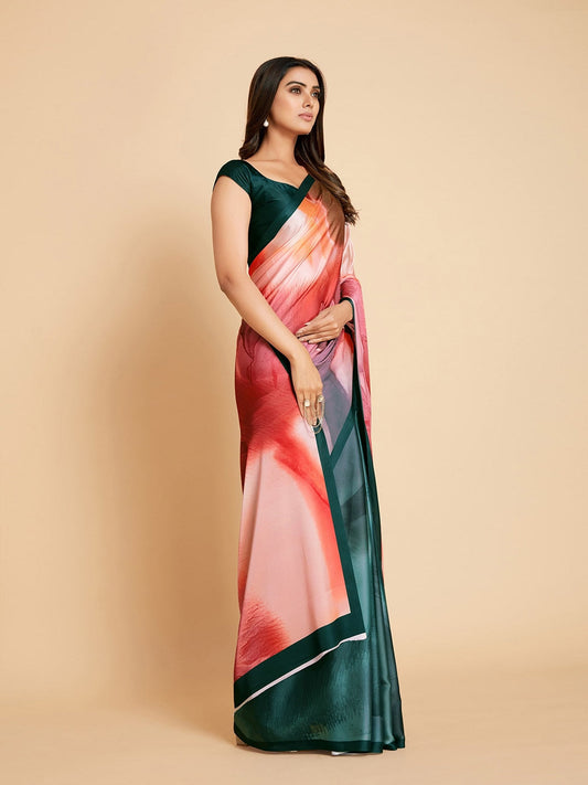 Sangria Peach-Coloured & Blue Satin Ready to Wear Saree | Swadesiicart