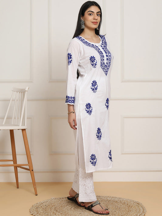 HOUSE OF KARI Women Ethnic Motifs Embroidered Regular Chikankari Pure Cotton Kurta with Trousers | Swadesiicart