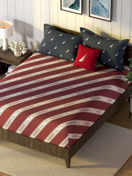 Nautica Noridge Red & White Printed Cotton 160 TC King Bedsheet with 2 Pillow Covers - Swadesiicart