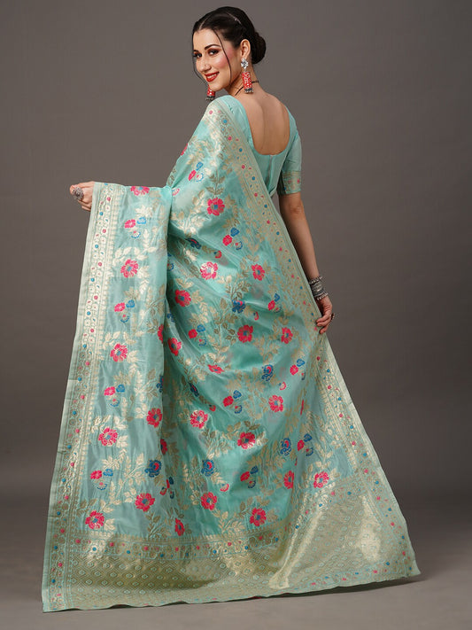 Mitera Floral Organza Banarasi Zari Saree With Blouse Piece | Swadesiicart