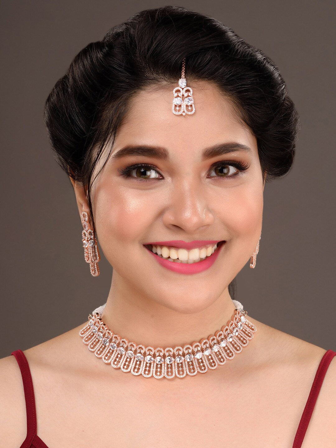 Saraf RS Jewellery Rose Gold-Polished White AD Studded Jewellery Set With Maang Tika - Swadesiicart