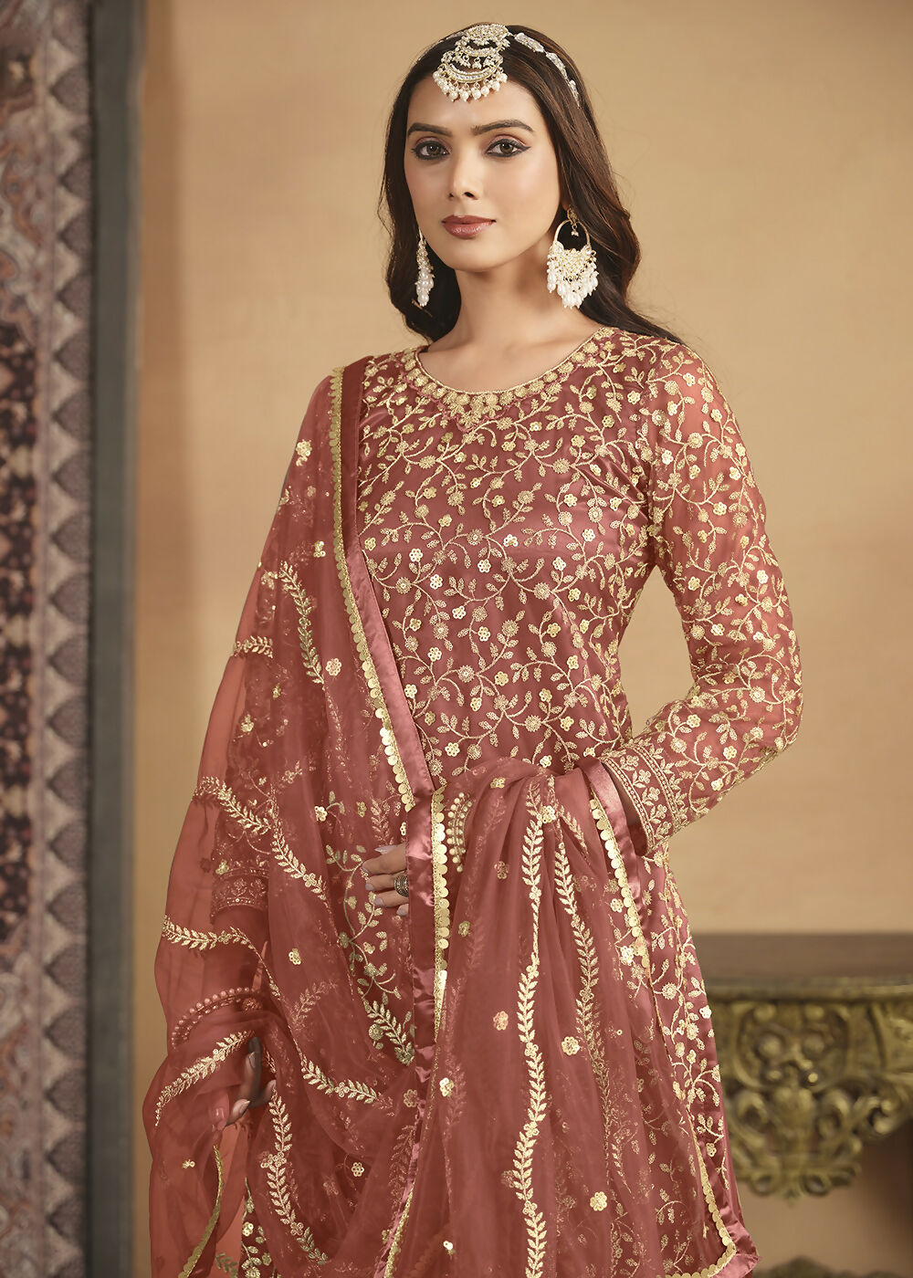 Net Rust Orange Embroidered Festive Gharara Style Suit - Emponline | Swadesiicart