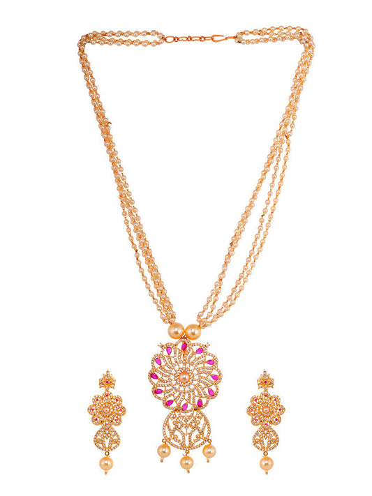 Saraf RS Jewellery Gold-Polished White & Pink American Diamond Studded & Beaded Handcrafted Set