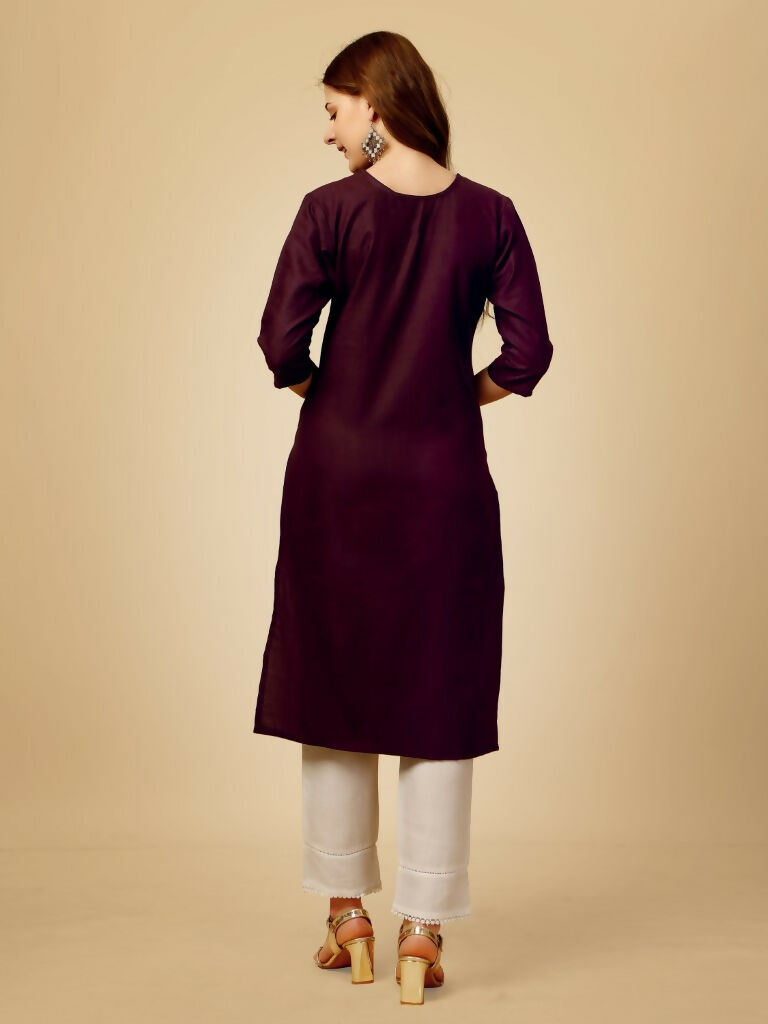 Jyoti Fashion Women's Wine Cotton Blend Embroidered Kurta Pant Set - Swadesiicart