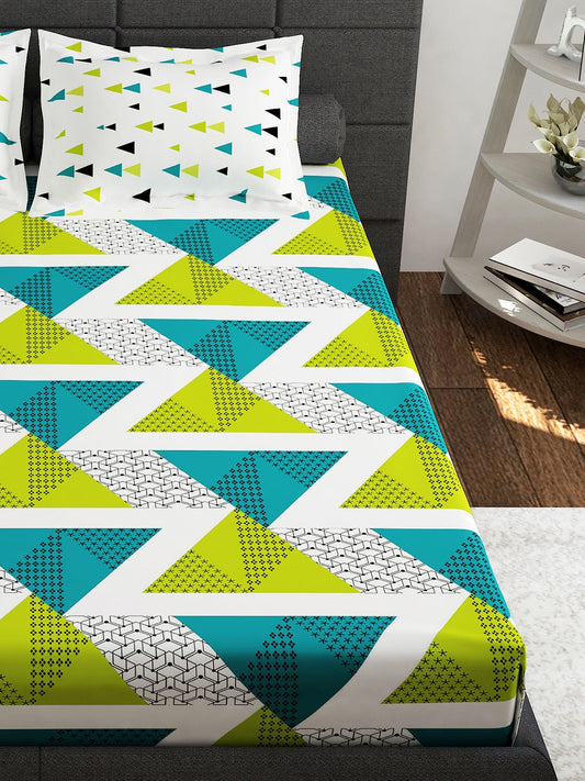 Story@home Ventura Green Geometric 152 TC Cotton Queen Bedsheet With 2 Pillow Covers - Swadesiicart