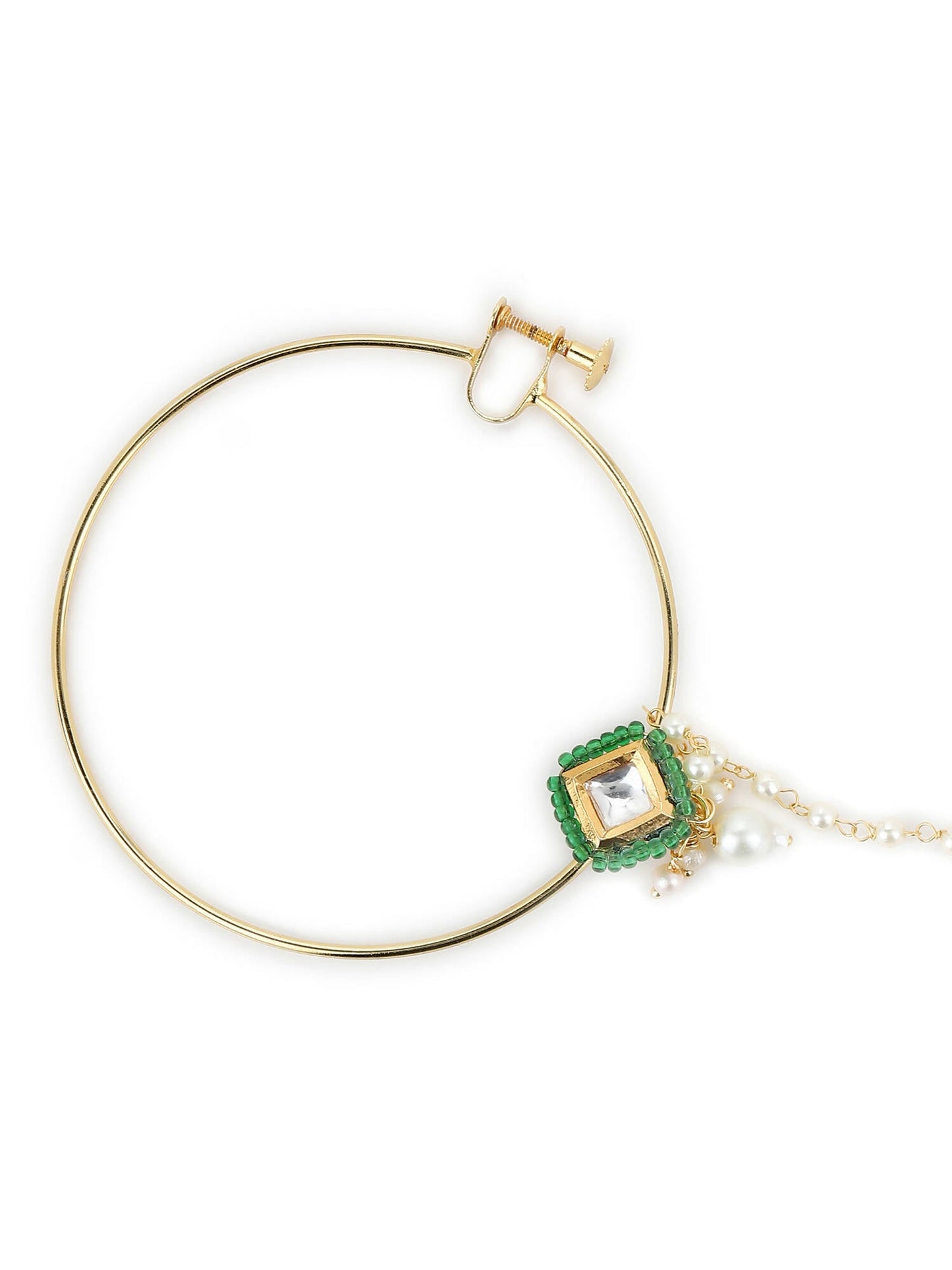 Gold-Polished Green White Kundan Studded Beaded Chained Nosepin - Ruby Raang | Swadesiicart