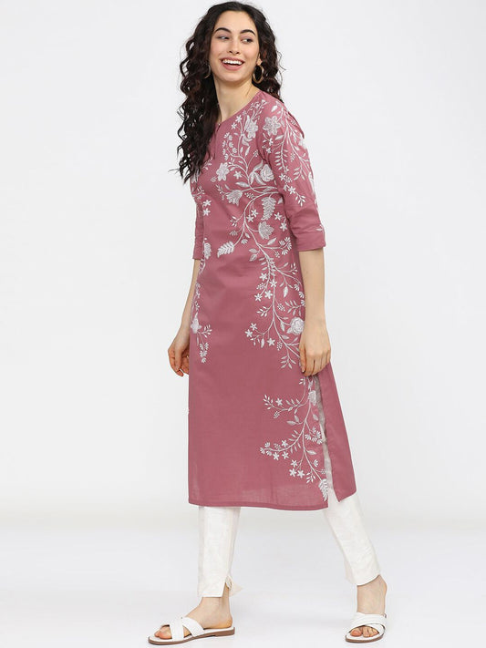 Vishudh Woman Pink Floral Printed Keyhole Neck Kurta - Swadesiicart