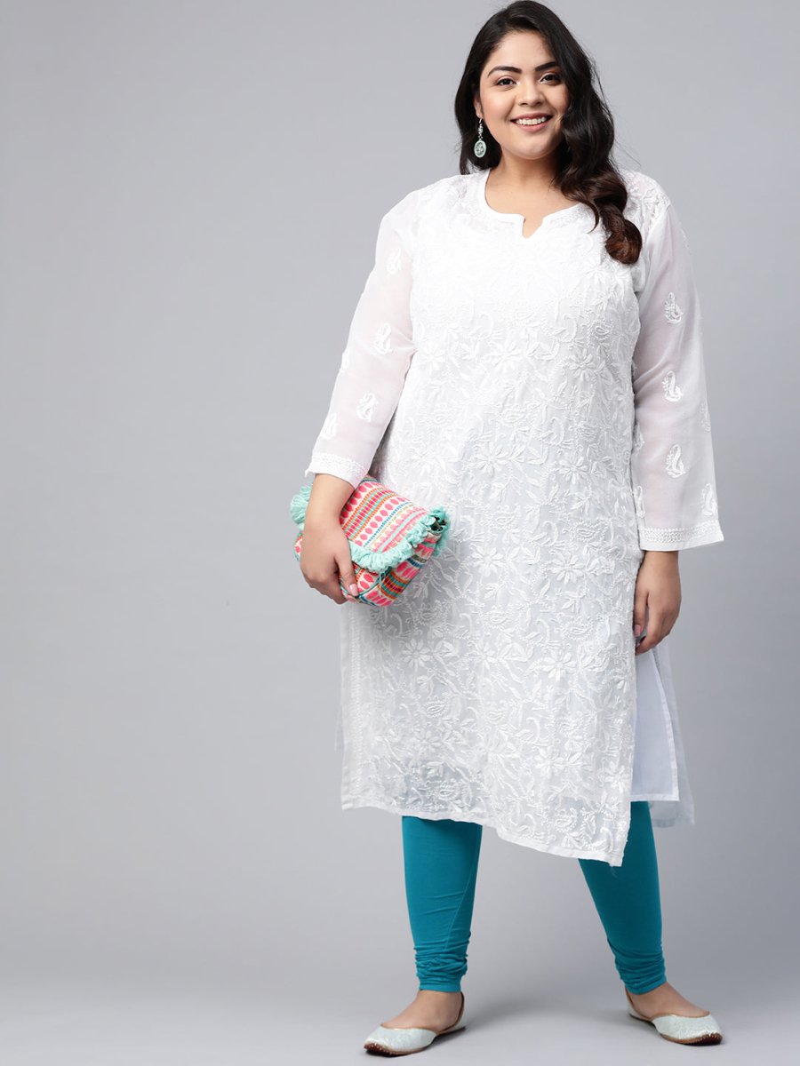 ADA Women Plus Size White Ethnic Motifs Chikankari Embroidered Georgette Handloom Kurta With Slip | Swadesiicart