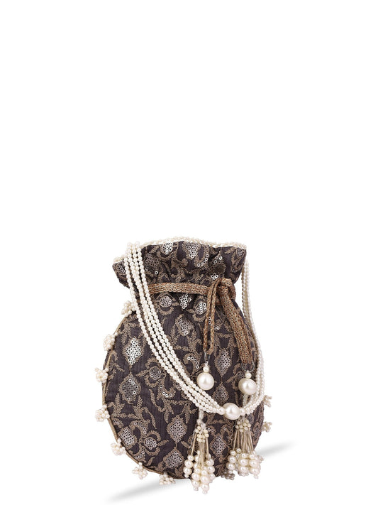 Masq Black & White Pearl & Sequinned Work Embellished Potli Clutch