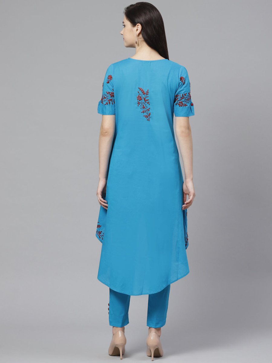 ADA Women Blue & Maroon Chikankari Embroidered High Low Handloom Sustainable Kurta with Trousers | Swadesiicart