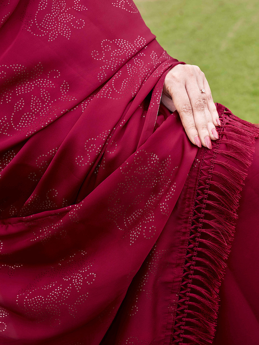 Tikhi Imli Embellished Half and half Satin Saree With Tassels | Swadesiicart