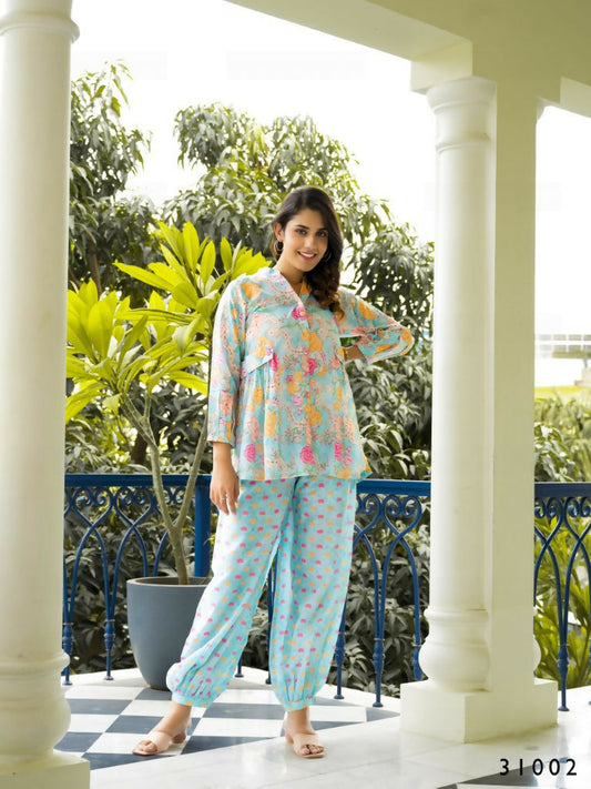 Casual Fashionable Multi Muslin Cotton co-ord set - Manya - Swadesiicart