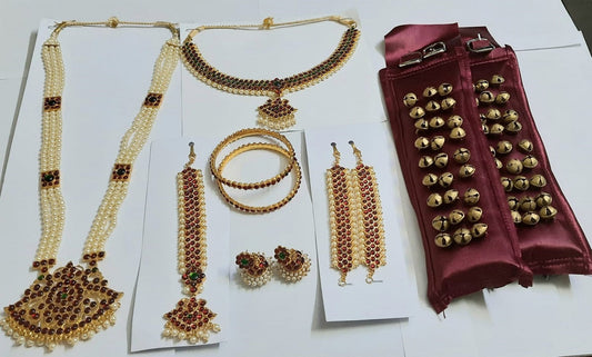 Elite Trading Bharatnatyam Jewelry Set with 3 line Box haram and 3 line Satin Ghungroo - Swadesiicart