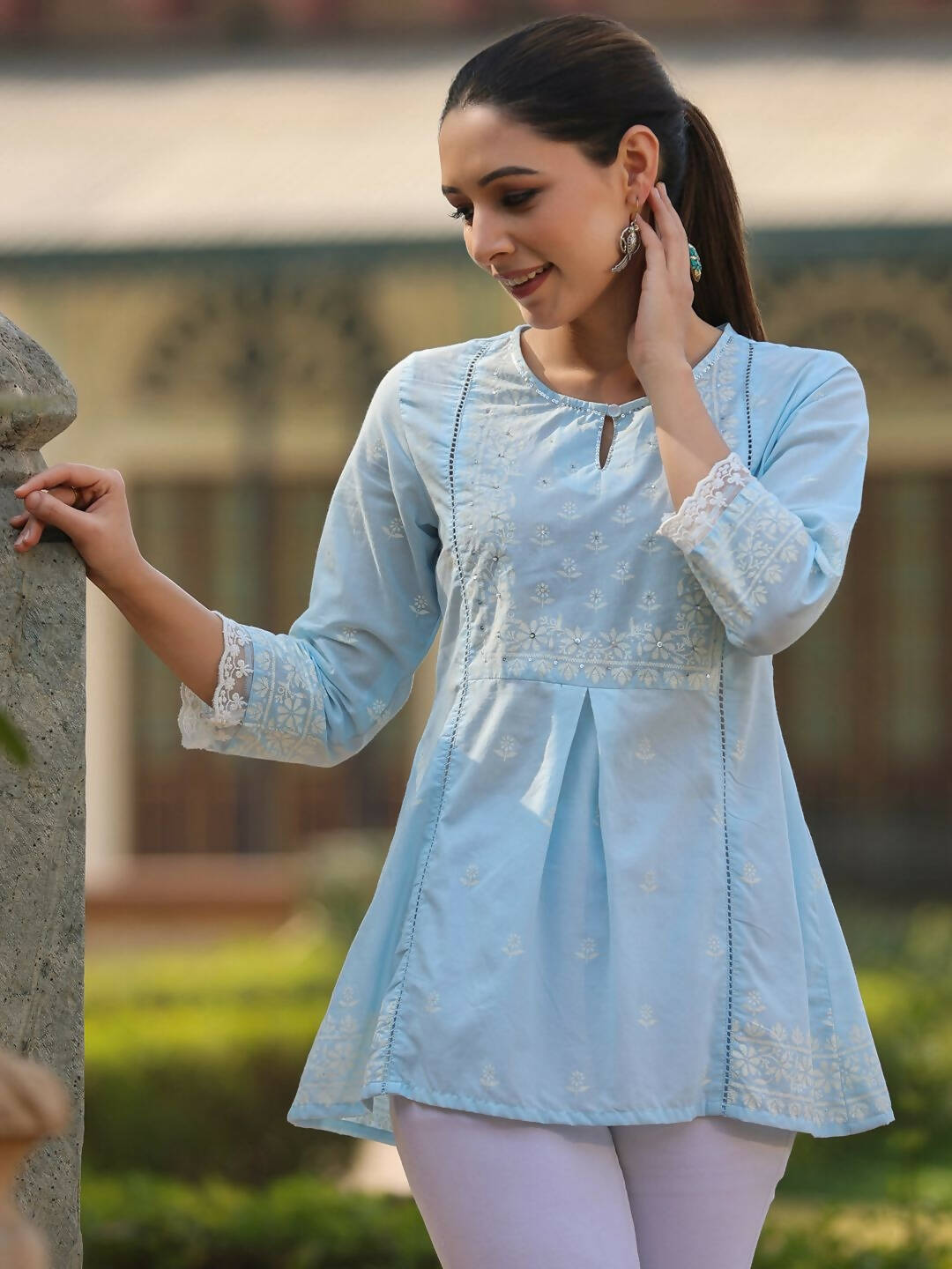 Juniper Women's Powderblue Cambric Floral Printed Tunic | Swadesiicart
