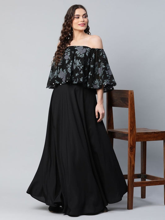 Ahalyaa Women Crepe Printed Black Dress | Swadesiicart