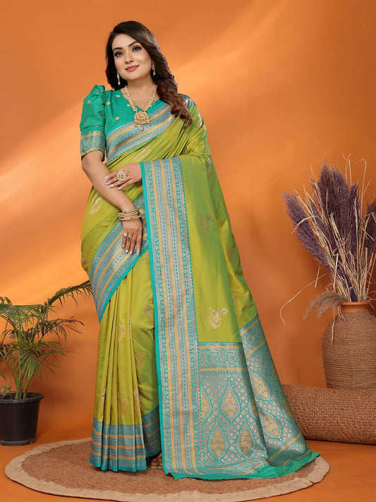 Joban Fashion Banarasi Light Green Small Butti Soft Silk Saree | Swadesiicart